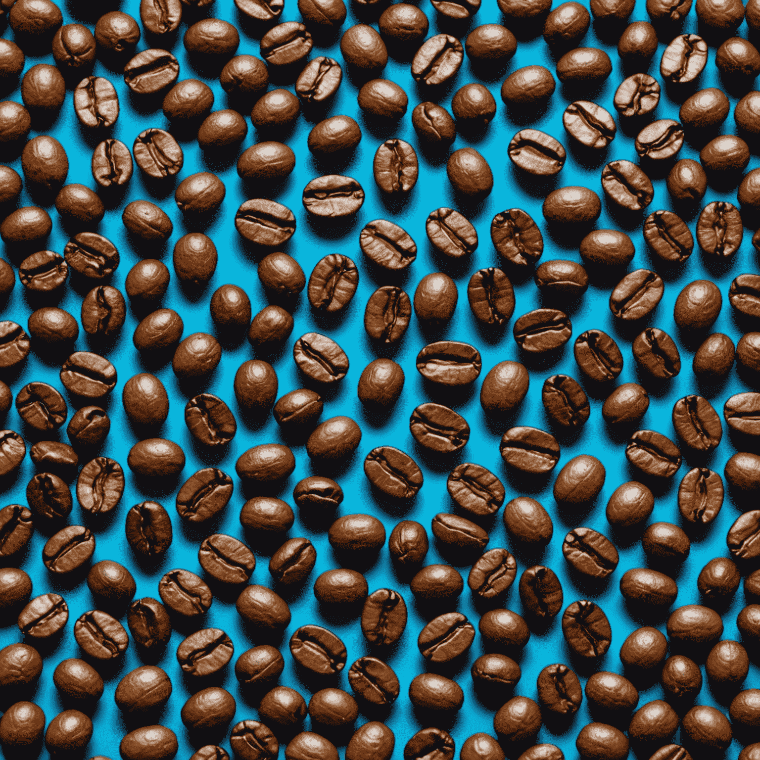 Various coffee beans from around the world, arranged in a visually striking pattern on a matte black surface. Neon blue light illuminates the edges of the image.