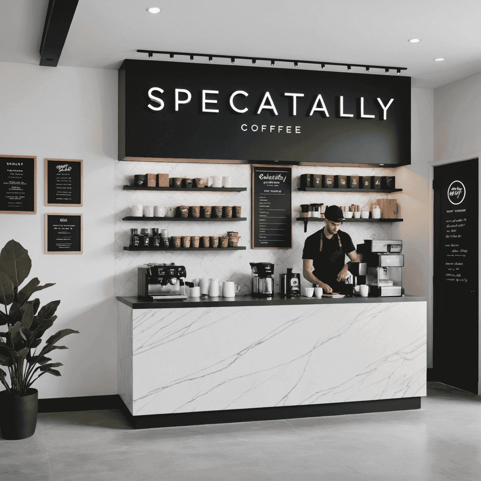 A sleek, minimalist coffee shop interior with matte black fixtures, concrete floors, and a neon sign reading 'Specialty Coffee'. Baristas in black aprons prepare pour-over coffees at a white marble counter, symbolizing the modern, urban edge of today's coffee culture.