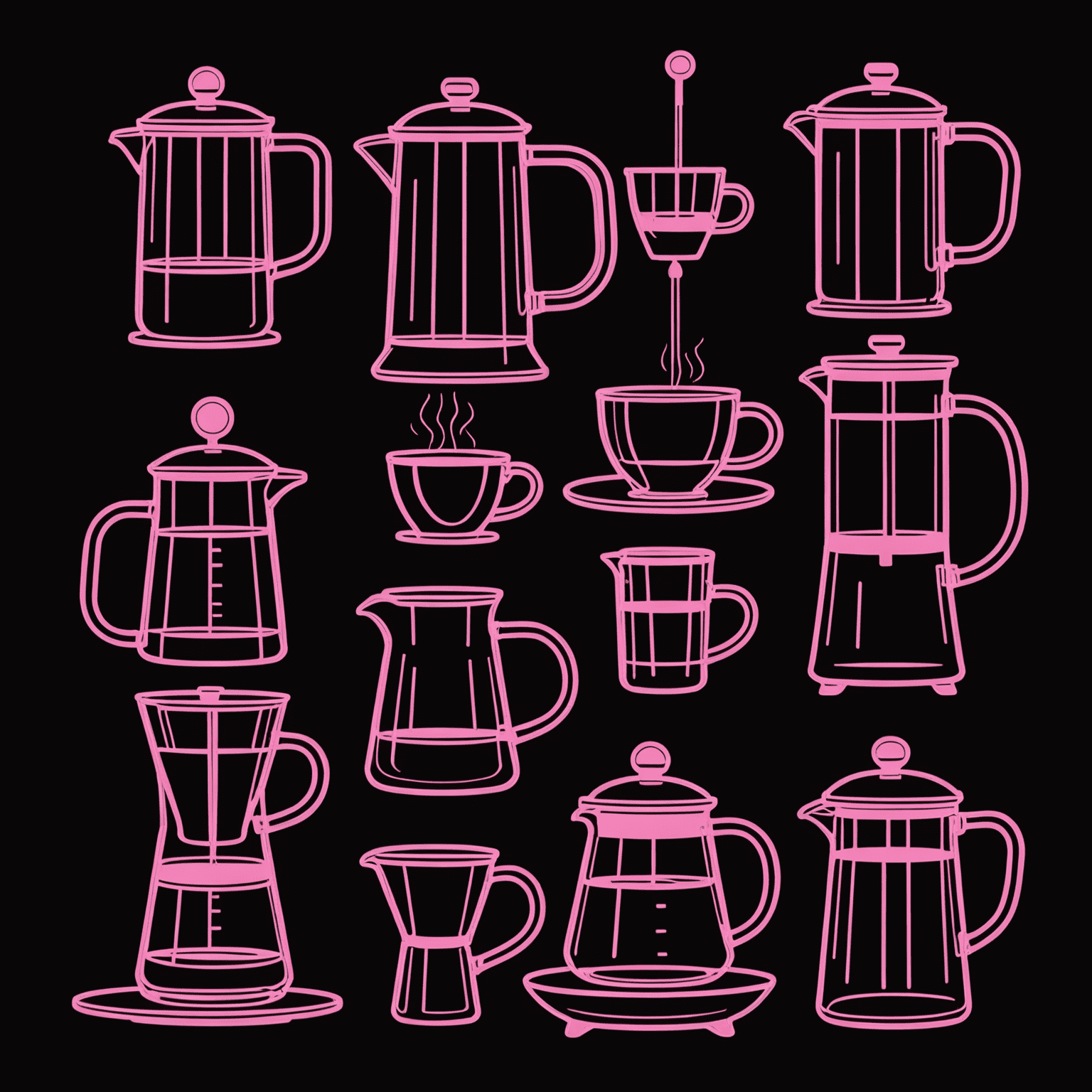 A minimalist illustration of various coffee brewing methods (pour-over, French press, espresso machine) in neon pink outlines against a black background.