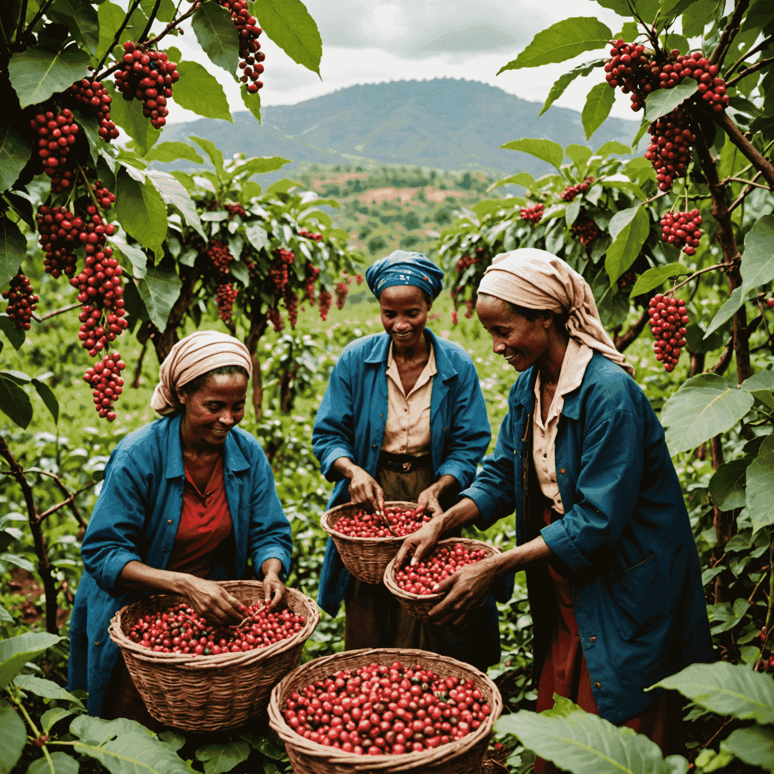 Ethiopian coffee farmers carefully hand-picking ripe coffee cherries, with baskets full of vibrant red fruit in the foreground