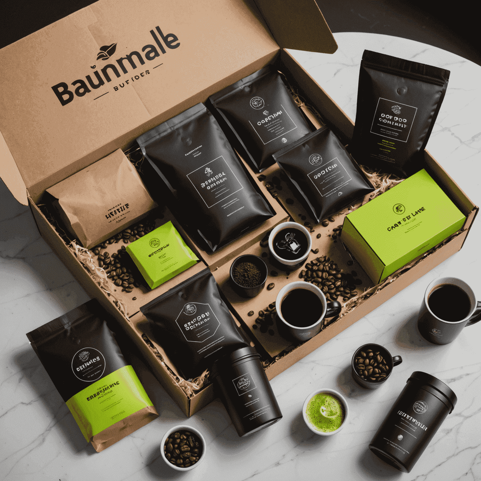A sleek, matte black coffee subscription box with neon green accents, showcasing various coffee packages and a personalized brewing guide.
