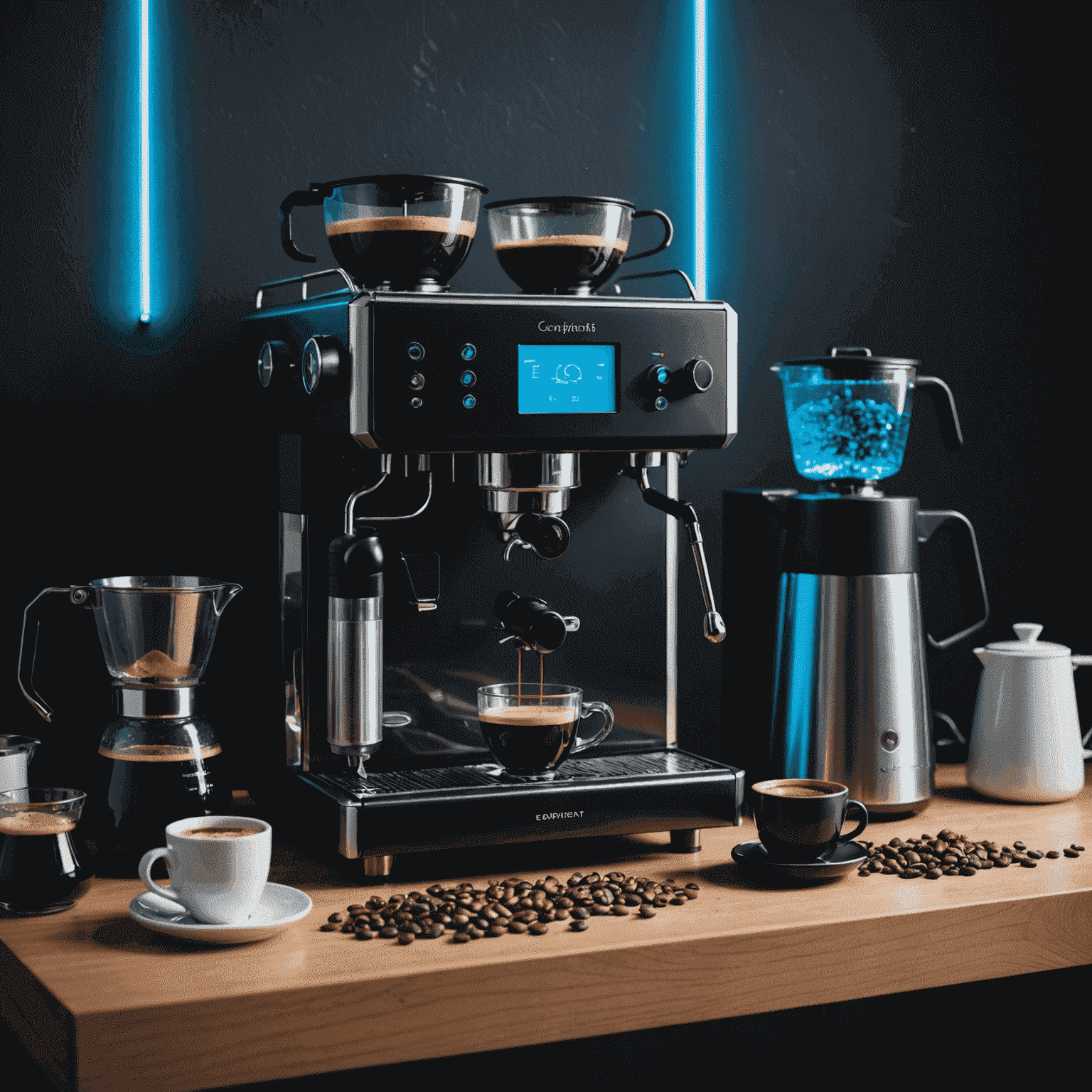 An artfully arranged collection of high-end coffee equipment including a matte black espresso machine, grinder, and pour-over set, illuminated by neon blue accent lighting.