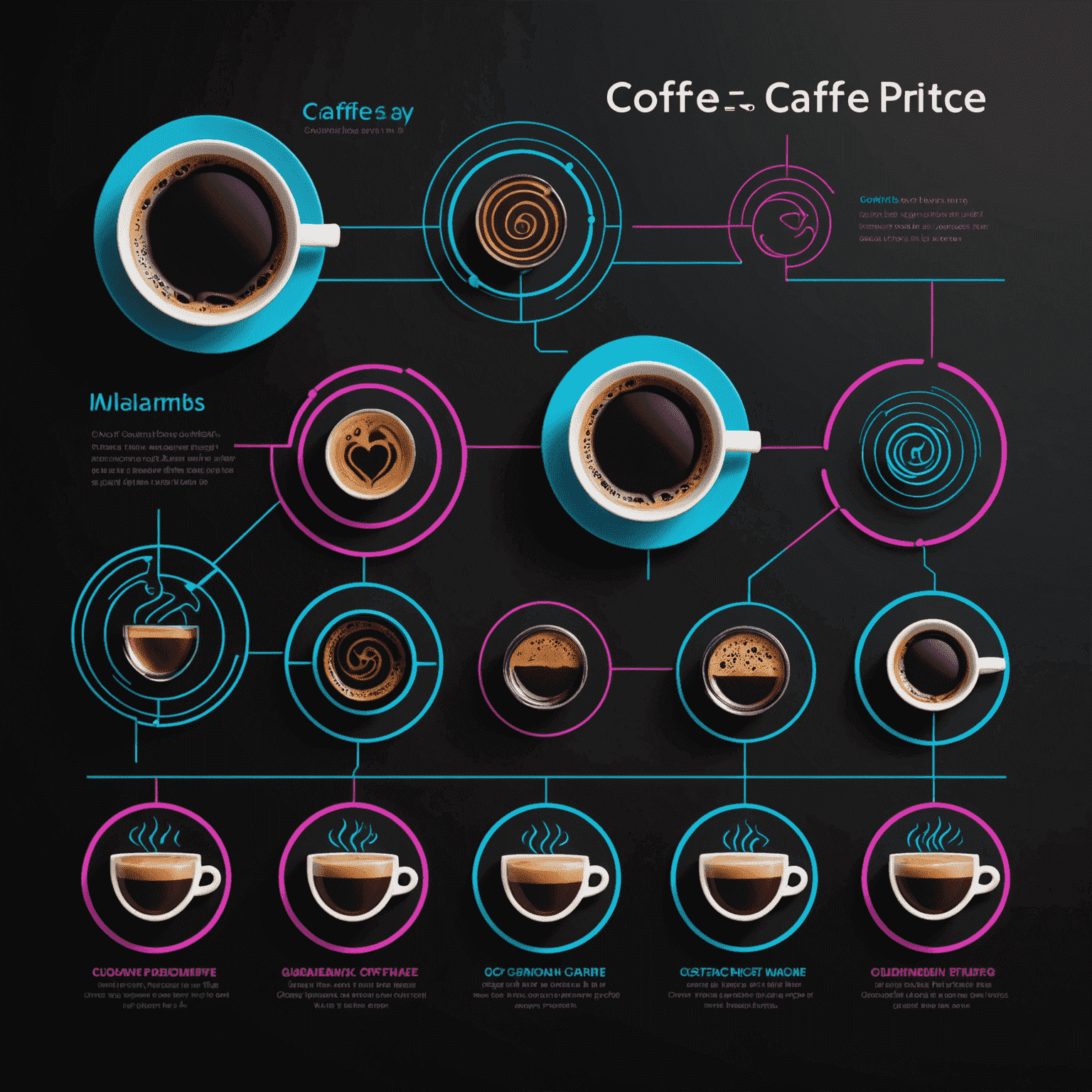 A minimalist infographic displaying coffee flavor profiles, origin maps, and roasting stages using neon pink and electric blue lines on a black background.